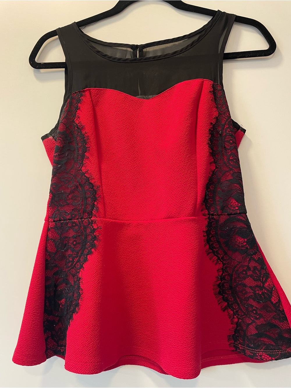 Ricki's Red peplum top with Black Lace Insets